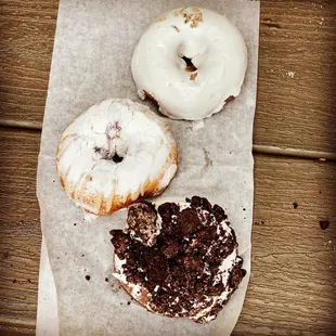 Lavender vanilla, blueberry pancake, and cookies n cream vegan doughnuts