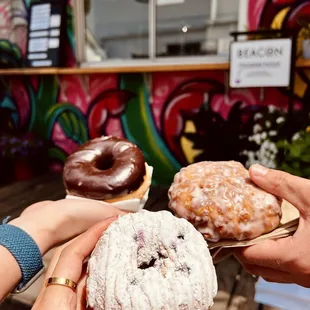 Blueberry pancake donut, apple fritter, chocolate frosted glazed