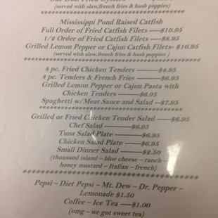 Dinner menu