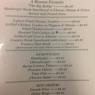 Dinner menu