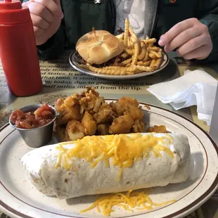breakfast burrito with potatoes ft Bacon Cheeseburger