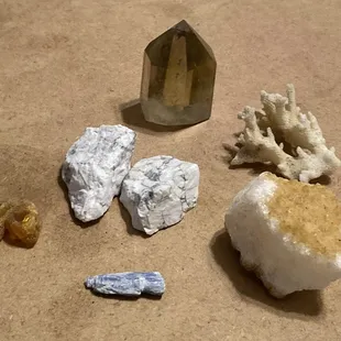 Amber, howlite, kyanite, smoky citrine, coral, citrine