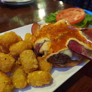 Heater burger with tater tots- and yes it&apos;s very spicy!