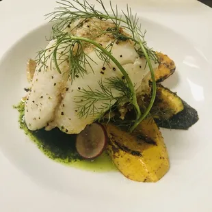 Halibut, grilled veg, dill pesto sauce
