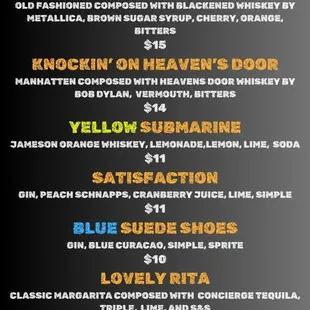 specialty cocktail menu