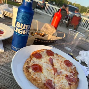 a beer and a pizza