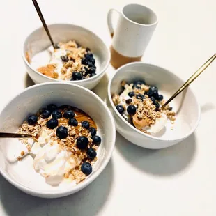 Vegan yogurt add toppings organic blueberries, honey, creamy peanut butter