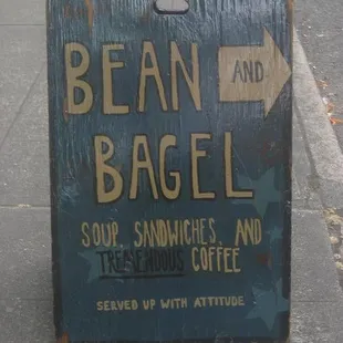 The Bean &amp; Bagel sign across the street.