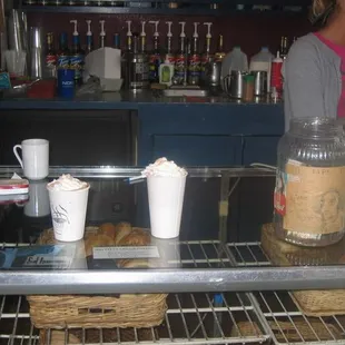 My mocha, Alex&apos;s mocha, the tip jar.