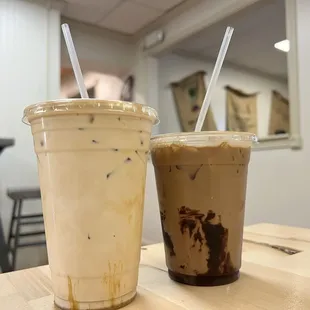 Iced breve latte with one pump caramel &amp; peppermint bark iced latte.