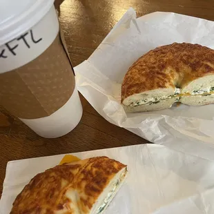 Cheddar bagel w/ cheddar cheese and spinach onion Cream cheese! So good