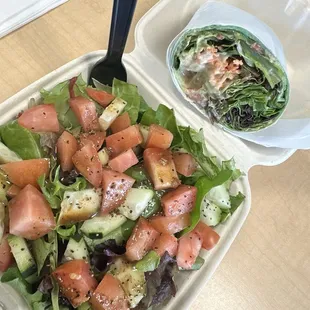 Veggie wrap with hummus along with a side salad.