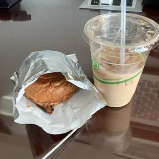 Bacon, egg, and cheese breakfast sandwich and a vanilla latte