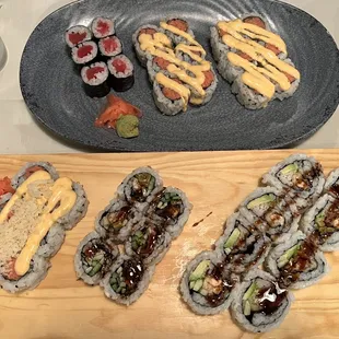 Top: Tuna roll, 2 spicy tuna rolls Bottom: Crunchy tuna roll, Eel roll, Teriyaki salmon roll
