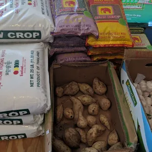 a variety of bags of potatoes