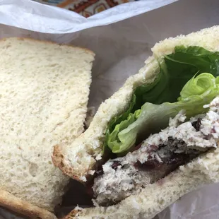 Chicken, cranberry almond salad sandwich