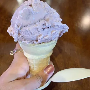 a hand holding a cone of ice cream
