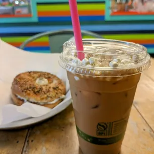 Iced marshmallow oat latte and cool cat bagel - lifewithhanny