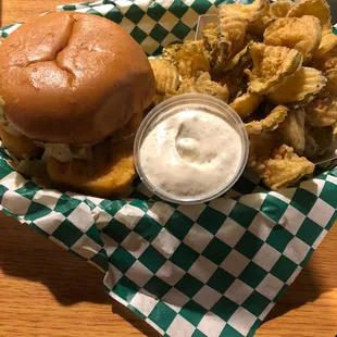 Old fashioned cheese burger with fried pickles and side of ranch