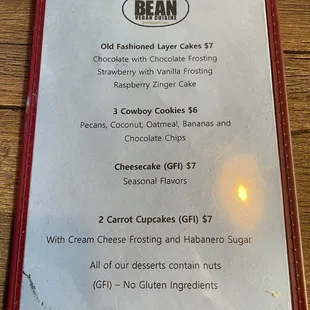 Dessert menu