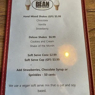 Dessert menu