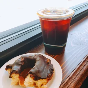 Chocolate old fashioned donut and cold brew