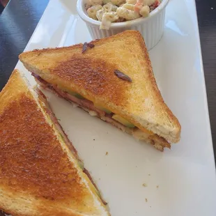 Adult grilled cheese sandwich with a side of pasta salad.