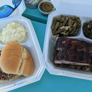 a meal in a styrofoam container