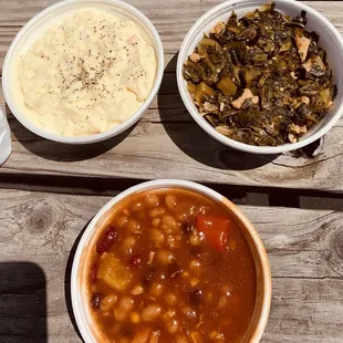 Potato salad baked beans and collards