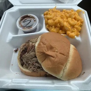 Pulled pork and Mac and cheese (I squished the bun)