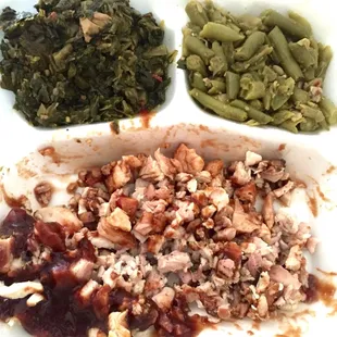 Pulled &amp; perfectly chopped pork , collard greens &amp; green beans !