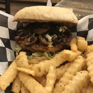 Salmon Burger with Grilled Onions and Mushrooms