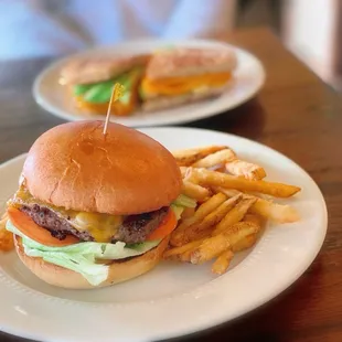06# Harris Ranch Grass Fed Burger (Organic Wheat Bun,cheddar cheese,mayo,pickle,lettuce,tomato,red onion) $16.95 with Twice fried fries