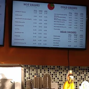 Hot,.cold, and bear coffee menu