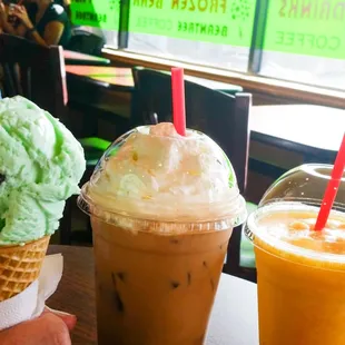 Mint chocolate ice cream, white chocolate mocha and mango smoothie! Couldn't decide so got them all!