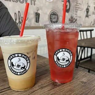 Vanilla Latte w/ oat milk and Island Guava Mango tea