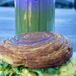 Egg and spinach breakfast sando with a matcha green tea latte and ube foam for the win.