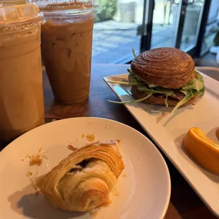 The prosciutto, chocolate croissant, 2 custom lattes