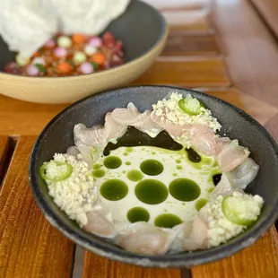 Kanpachi, marinated raw w/ macadamia milk, serrano, finger lime ($24)