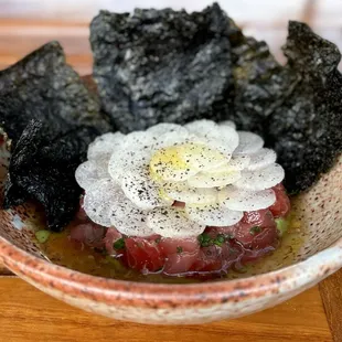 Ahi Tuna Tartare w/ Asian pear, avocado, nori ($22)
