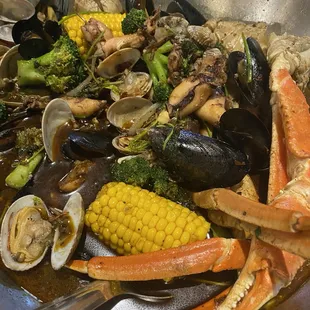 Make your own boil plus corn, broccoli, and egg