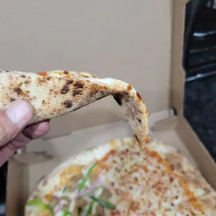 a hand holding a slice of pizza