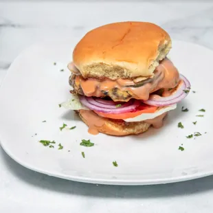 a white plate with a burger on it