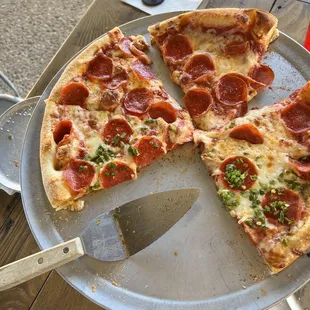 Pepperoni pizza half with jalapeños (diced fresh jalapeños, they are delicious if you like spice!)