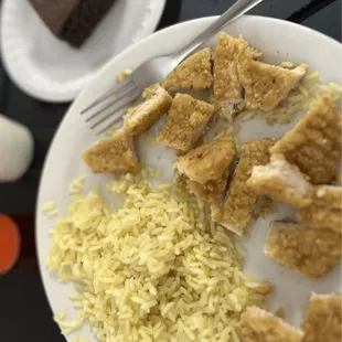 Scrambled eggs, French toast, brownie for breakfast