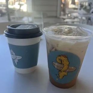 Regular coffee and an iced lavender caramel almond milk latte