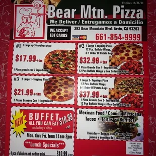 a menu for a bear mountain pizza