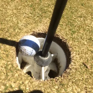 I have never seen a cup like this.  With the new, flag can stay in rules, the ball will not drop.  Wonder what came 1st, the rule or this?