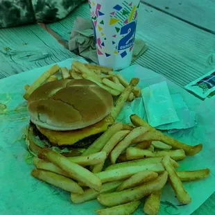 Cheeseburger, fries and Dr.Pepper