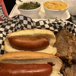 Hot links, tri-tip, collard greens, mac &amp; cheese